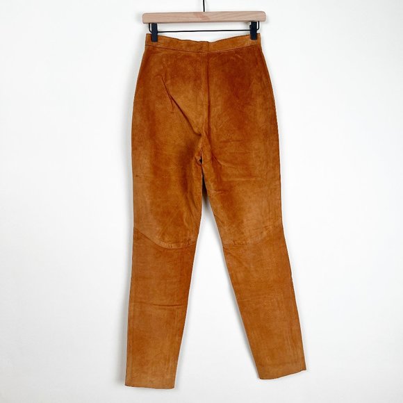 Vintage Leather High Waisted Rise Camel Tan Slim Straight Skinny Trouser Pants - Picture 5 of 6